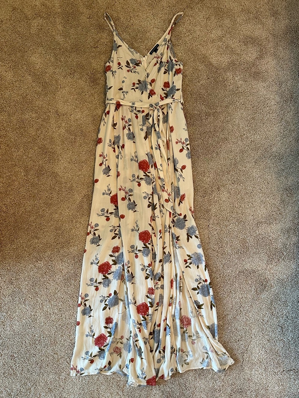 American Eagle Outfitters Cream Maxi Dress with Red and Blue Floral Print